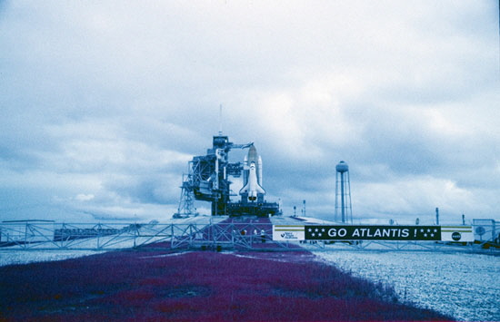infrared image of Atlantis on the launch pad